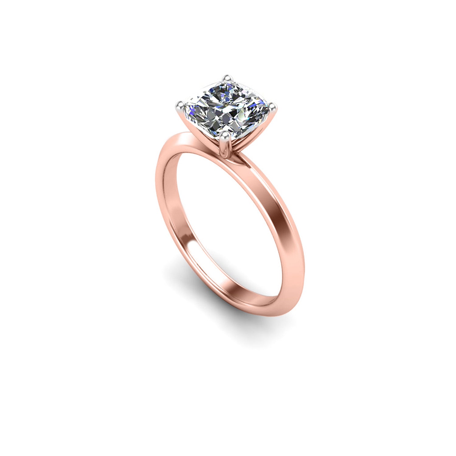 angled view of rose gold engagement ring featuring a cushion cut lab grown diamond in a floating setting with 4 claws