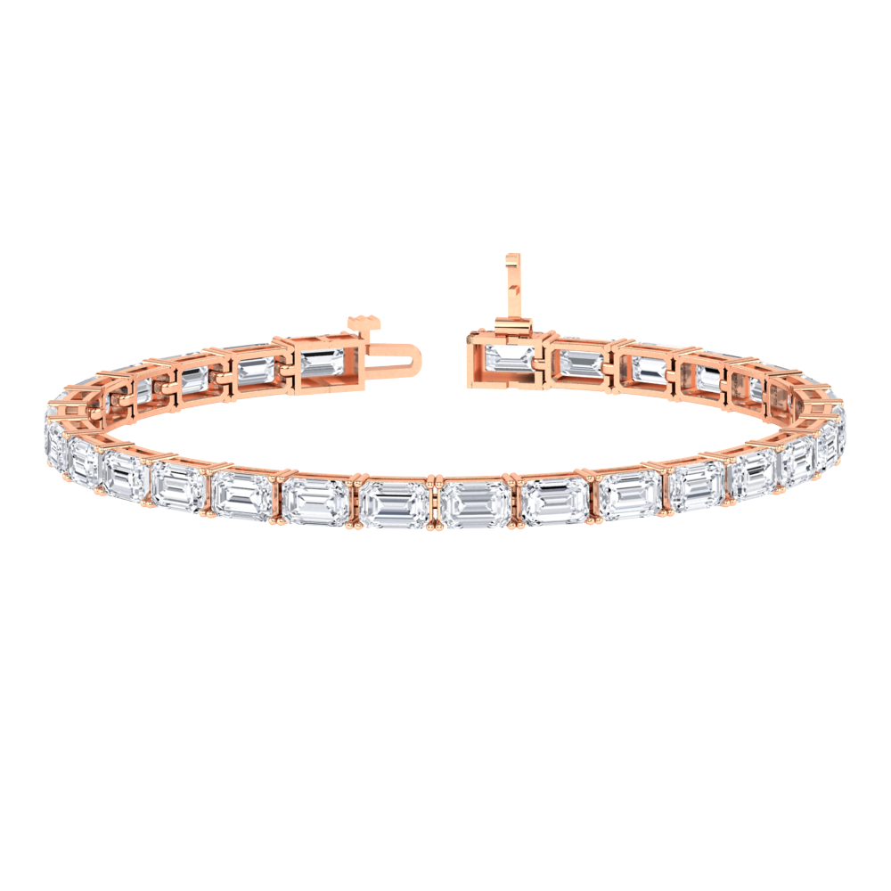 rose gold tennis line bracelet with emerald cut ethical & sustainable lab grown diamonds set vertically using prongs