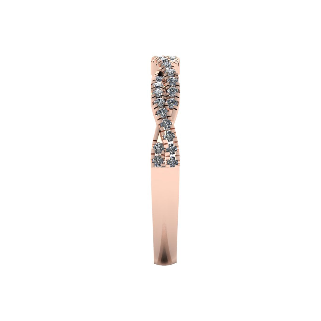 side view of a twisted double rose gold wedding band with round brilliant lab-grown diamonds