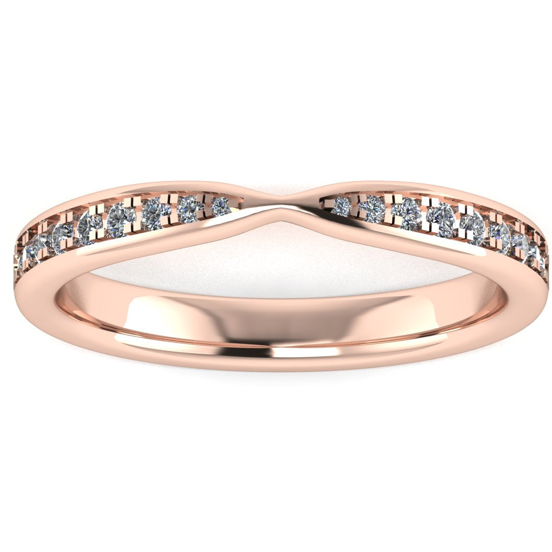 front view of rose gold tapered wedding band. Round lab-grown diamonds appear in a graduated setting starting from the middle and gradually increasing in size towards the edges
