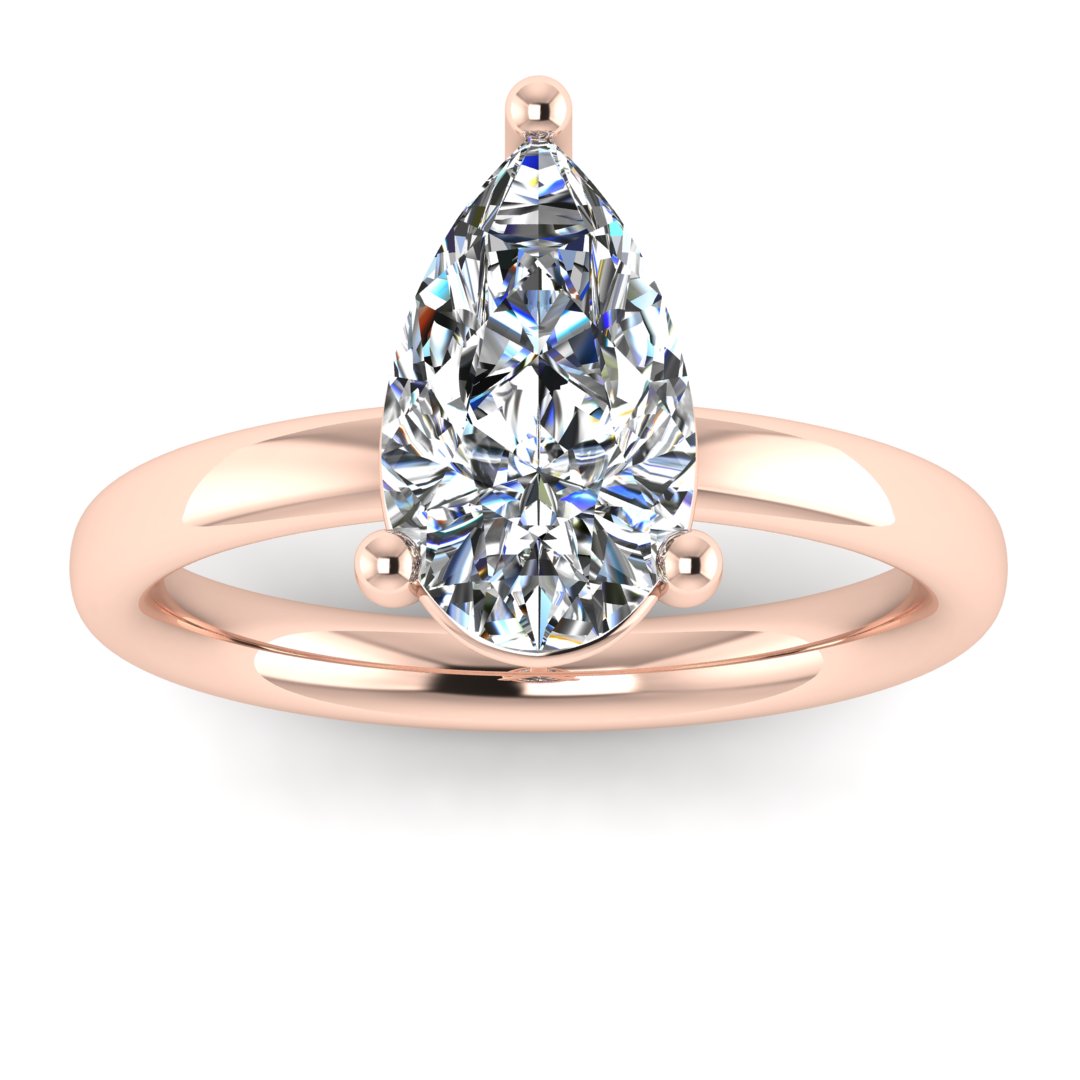 front view of a rose gold engagement ring with a pear cut lab grown ethical and sustainable diamond