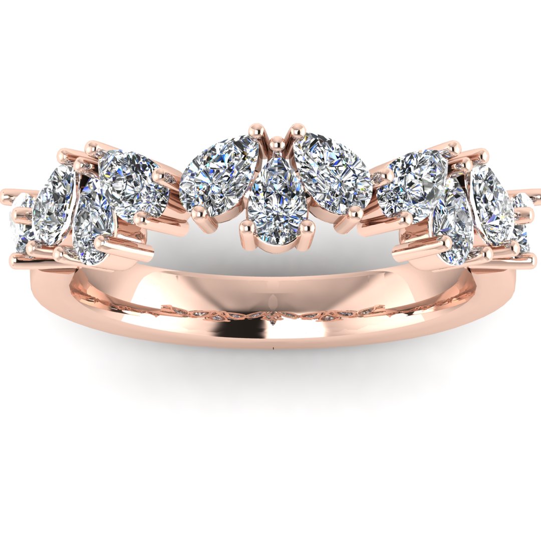 front view off a glamourous intricate rose gold eternity ring which can also be worn as a wedding band featuring pear cut lab-grown diamonds arranged in a pattern