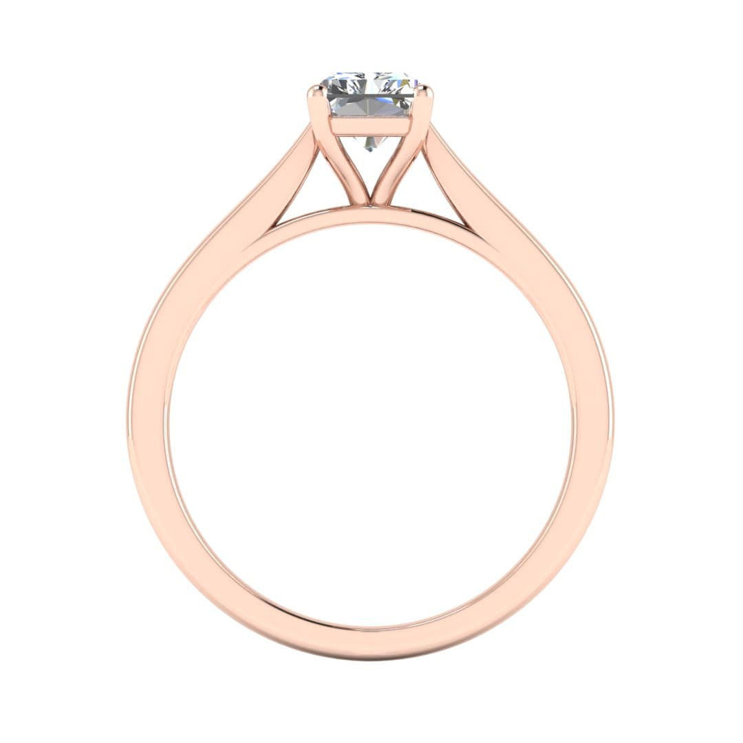 flat view of a rose gold engagement ring set with a radiant cut lab grown diamond with 4 claws