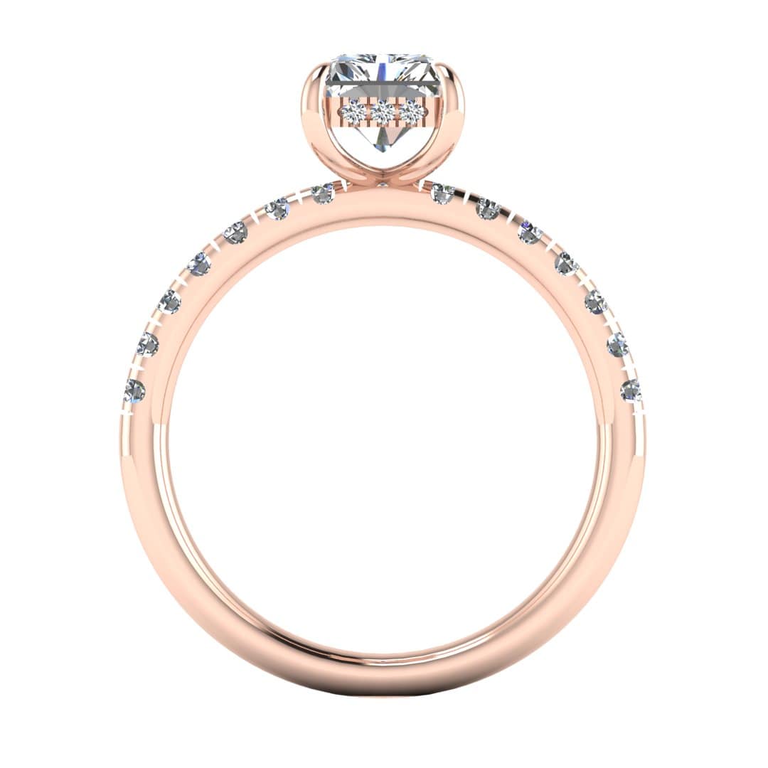flat view of rose gold engagement ring featuring a radiant cut lab-grown diamond with pavé-set shoulders and a hidden halo