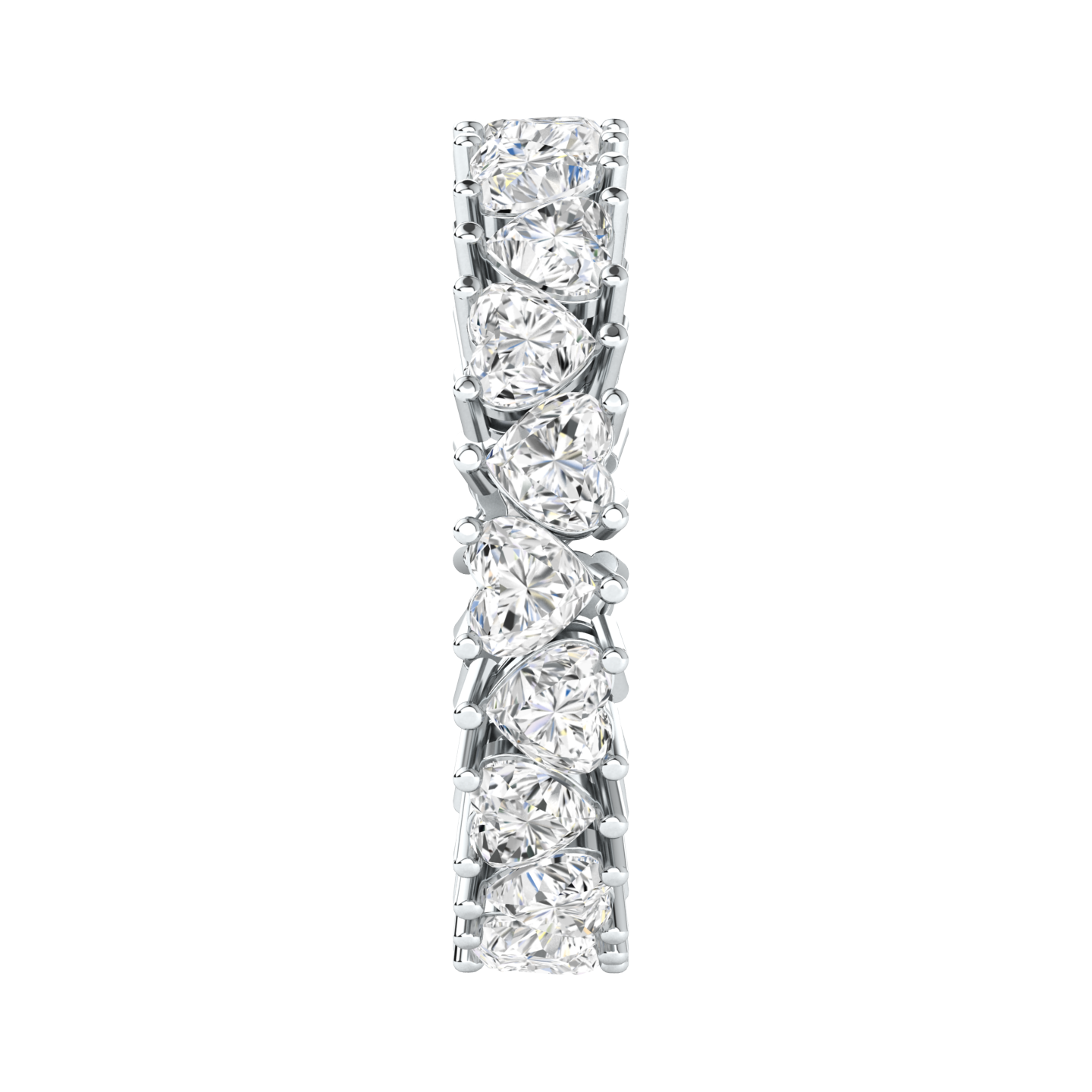 Side view of a platinum white gold full set eternity ring with hear cut lab grown diamonds 