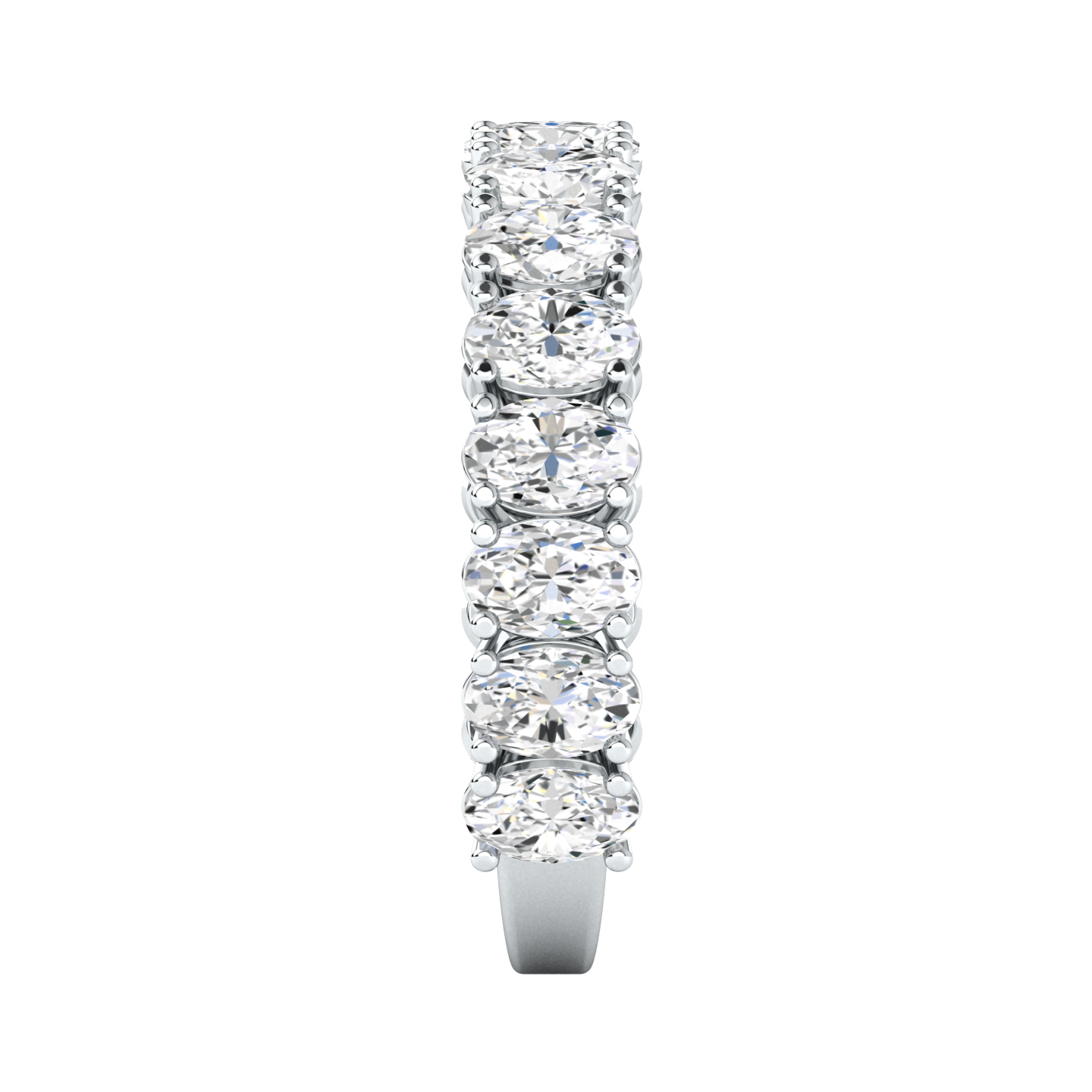 Side profile of a white gold platinum half vert eternity ring with oval cut lab grown diamonds set vertically