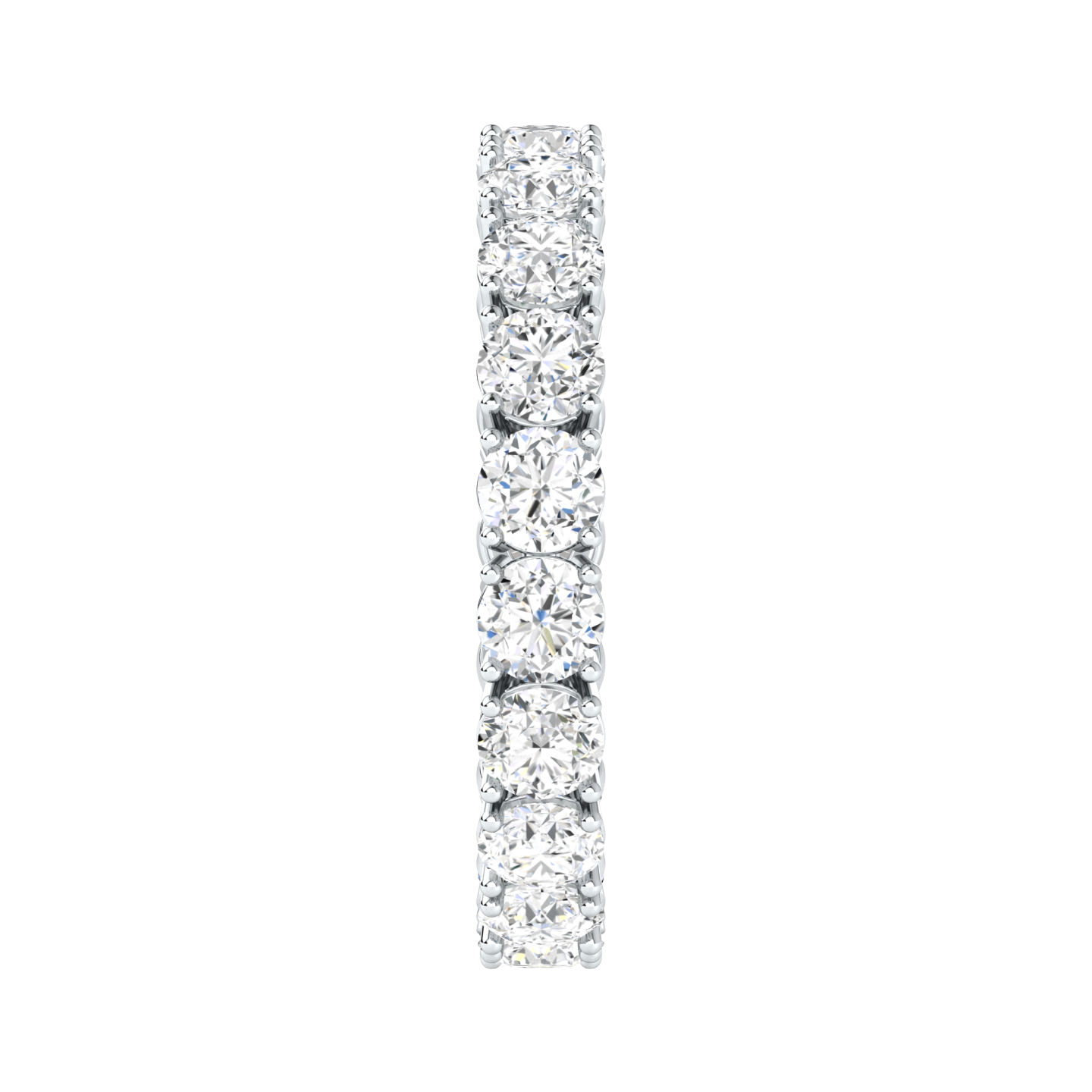 Side view of a platinum white gold full set eternity ring with round brilliant cut lab grown diamonds 