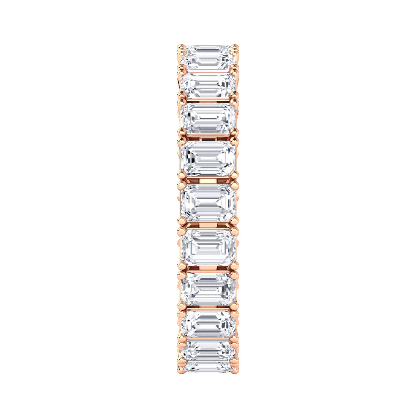 Side view of a rose gold full set eternity ring with emerald cut lab grown diamonds set vertically