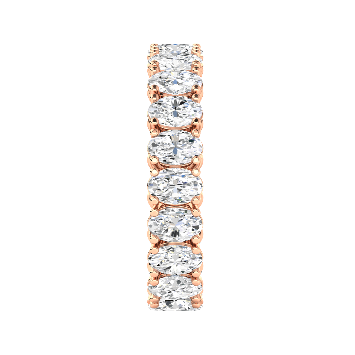 Side view of a rose gold full set eternity ring with oval cut lab grown diamonds set vertically