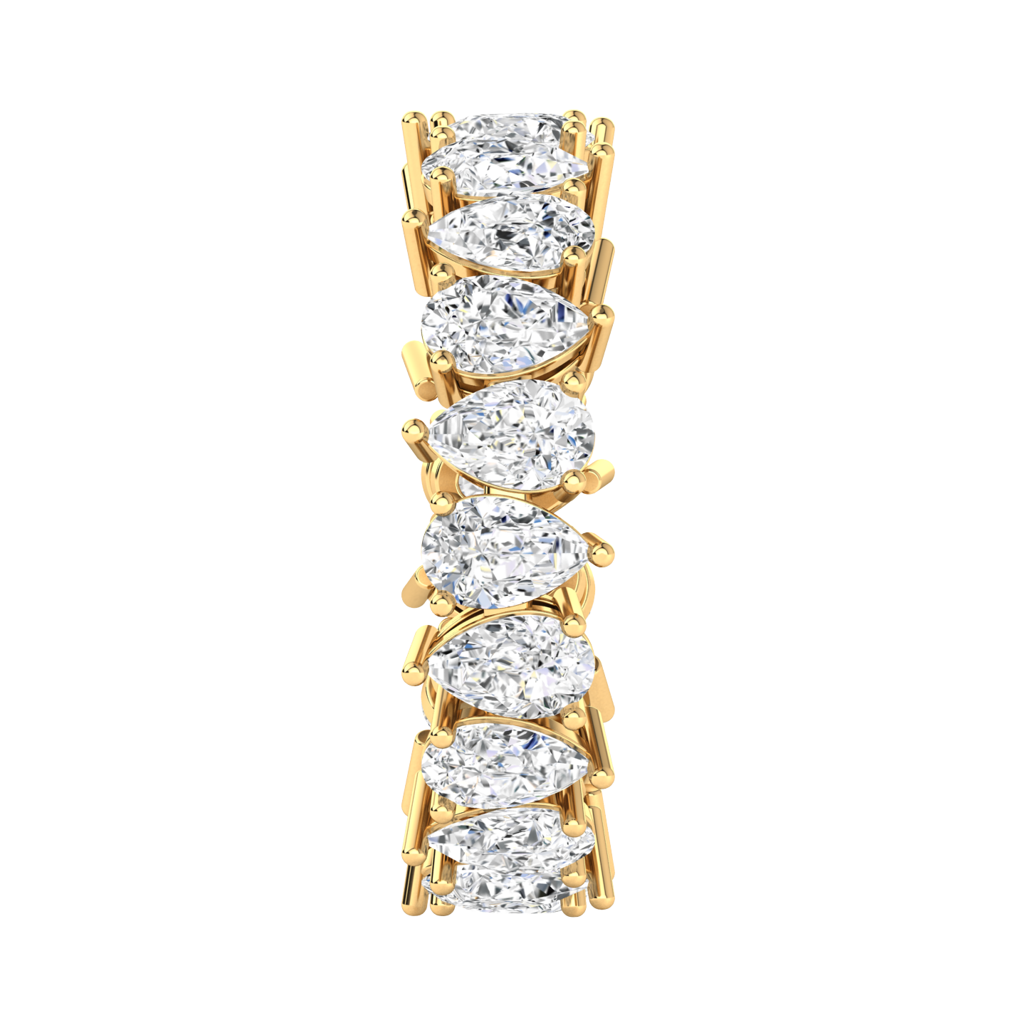 Side view of a yellow gold full set eternity ring with pear cut lab grown diamonds