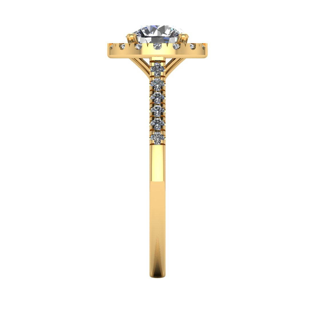 Side view of Holly yellow gold lab grown diamond engagement ring with halo and side shoulder diamonds