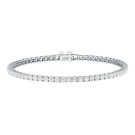 platinum or white  gold classic tennis line bracelet with small round brilliant cut ethical & sustainable lab grown diamonds set  using prongs