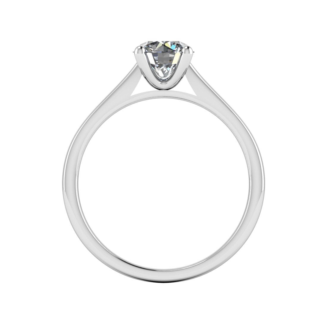 Flat view of the Arya Engagement ring in white gold or platinum. A traditional single solitaire round brilliant lab grown diamond in a cathedral setting