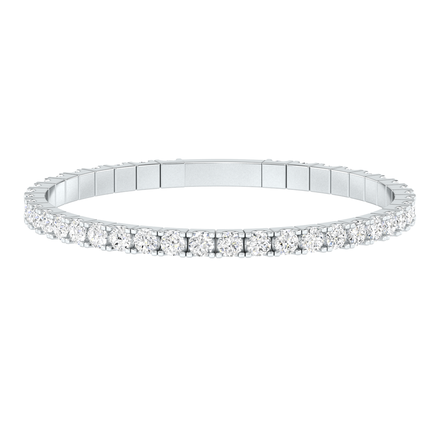 Front view of a platinum or white gold flexible bangle which stretches over your wrist for easy dressing