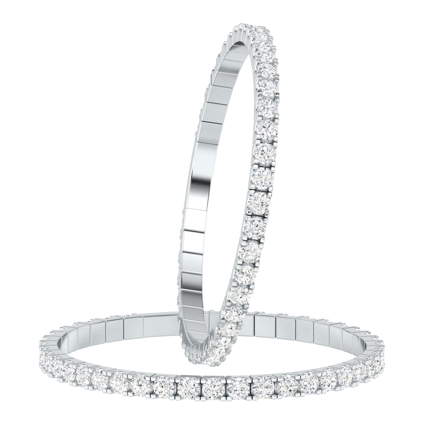 multi view of a platinum or white gold flexible bangle which stretches over your wrist for easy dressing