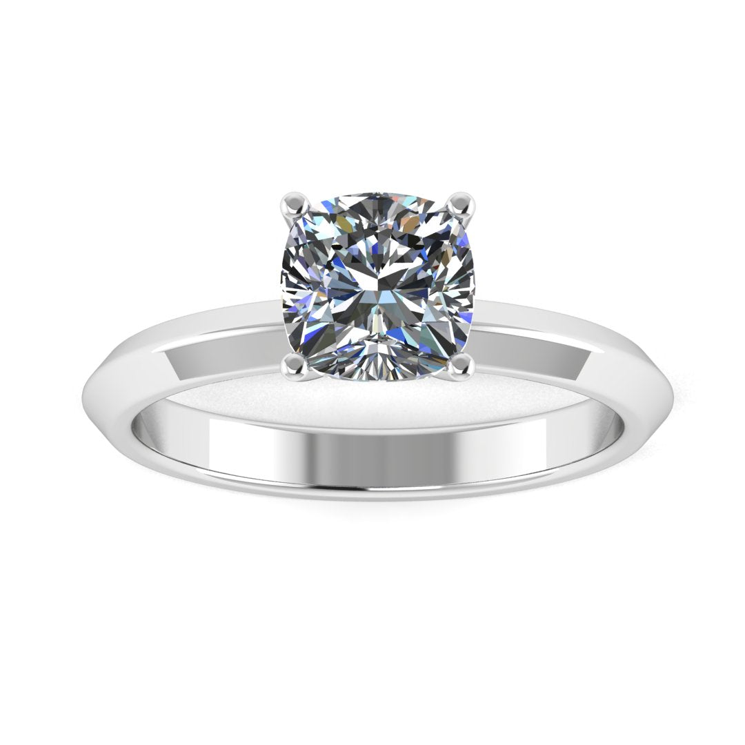 front view of platinum or white gold engagement ring featuring a cushion cut lab grown diamond in a floating setting with 4 claws