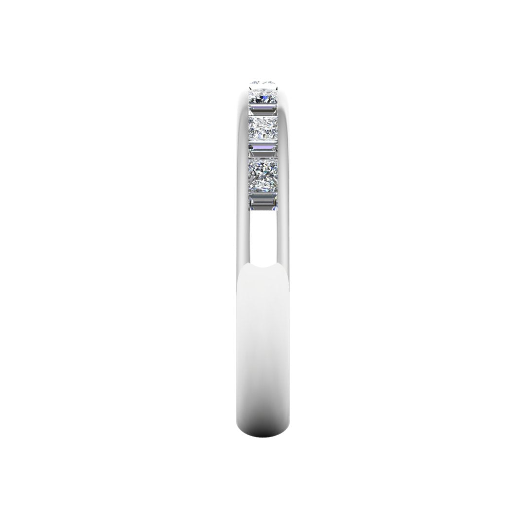 side view of a platinum or white gold wedding band with princess and baguette lab-grown diamond in a channel set design