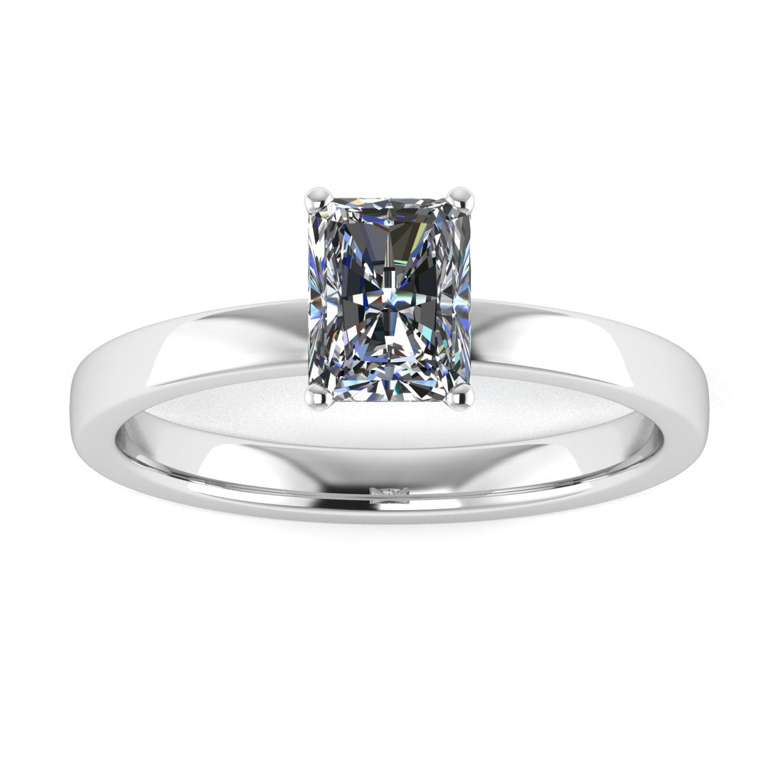 front view of platinum or white gold engagement ring with an emerald cut lab grown diamond as the centre stone in a floating setting