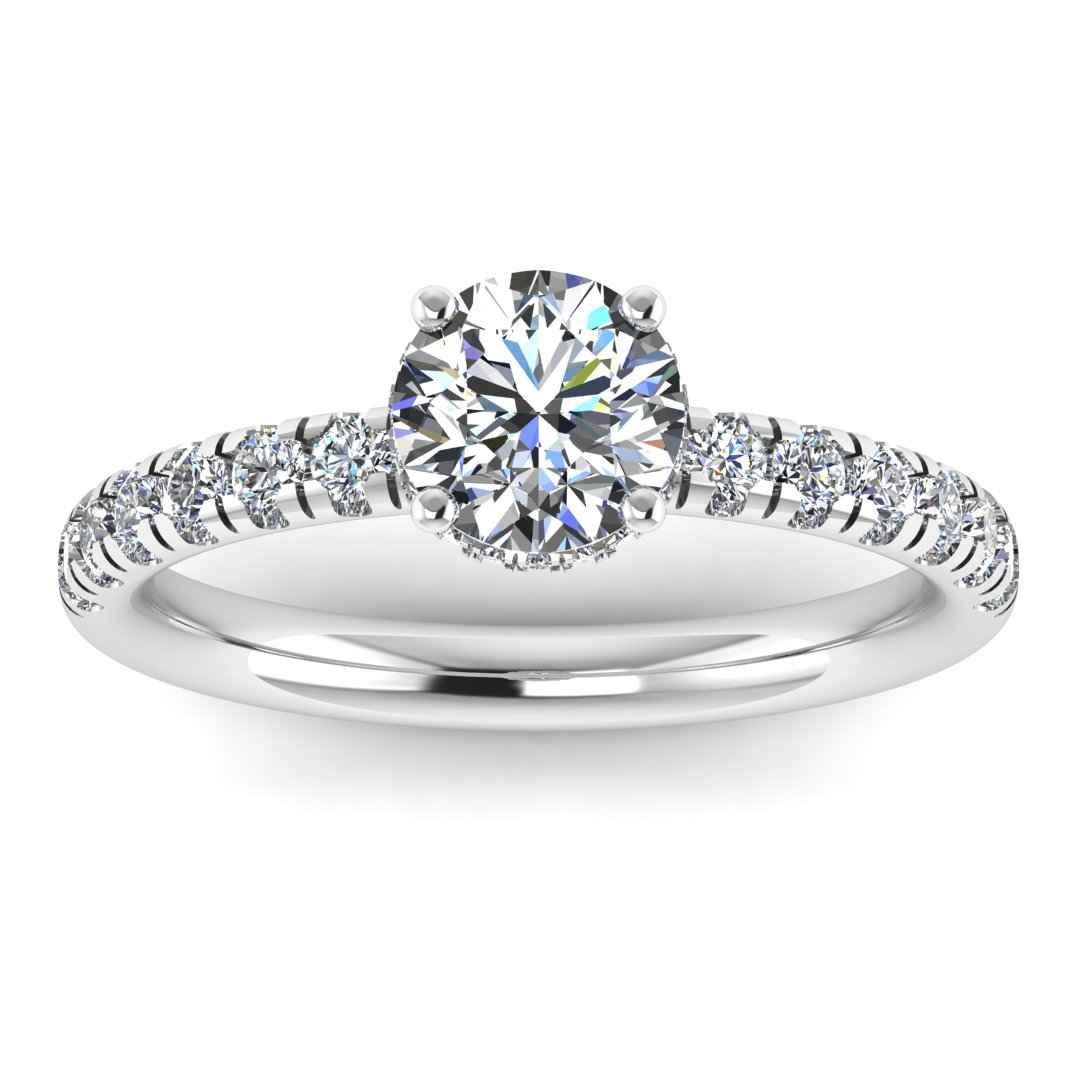 Front view in platinum and white gold of Emma lab grown engagement ring with round brilliant, side shoulders and under halo