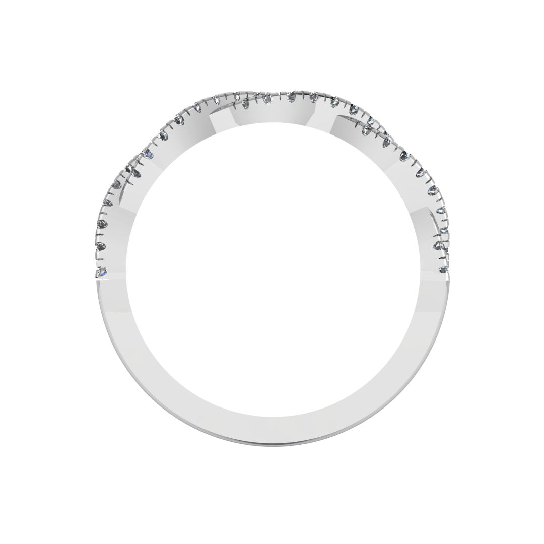 flat view of a twisted double platinum or white gold wedding band with round brilliant lab-grown diamonds