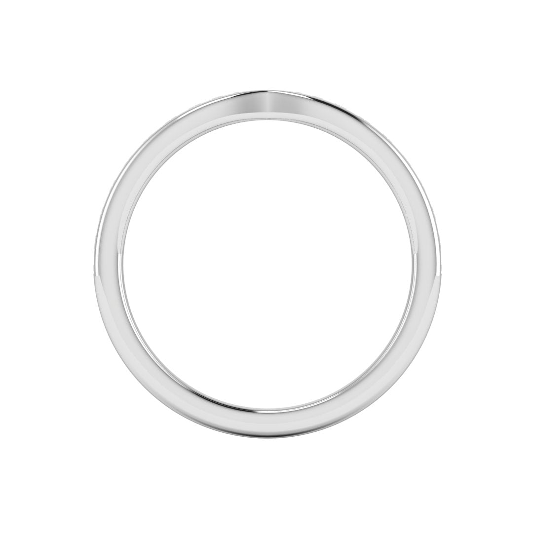 flat view of platinum or white gold tapered wedding band. Round lab-grown diamonds appear in a graduated setting starting from the middle and gradually increasing in size towards the edges