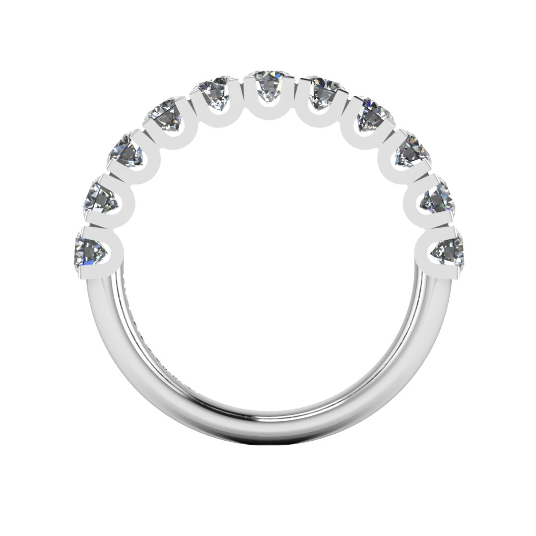 flat view of a platinum or white gold wedding band or half eternity ring which is scallop set with round brilliant lab-grown diamond
