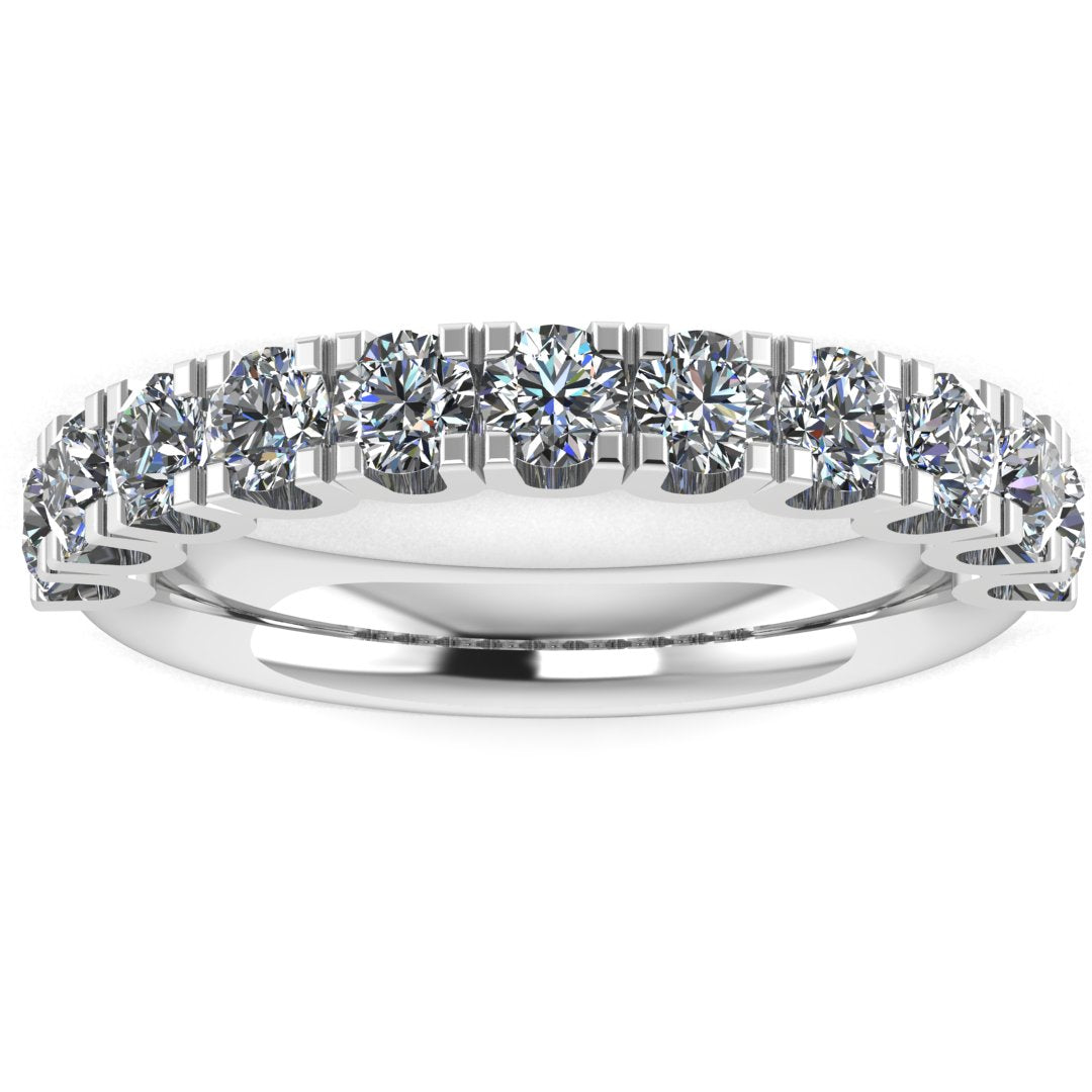 front view of a platinum or white gold wedding band or half eternity ring which is scallop set with round brilliant lab-grown diamond