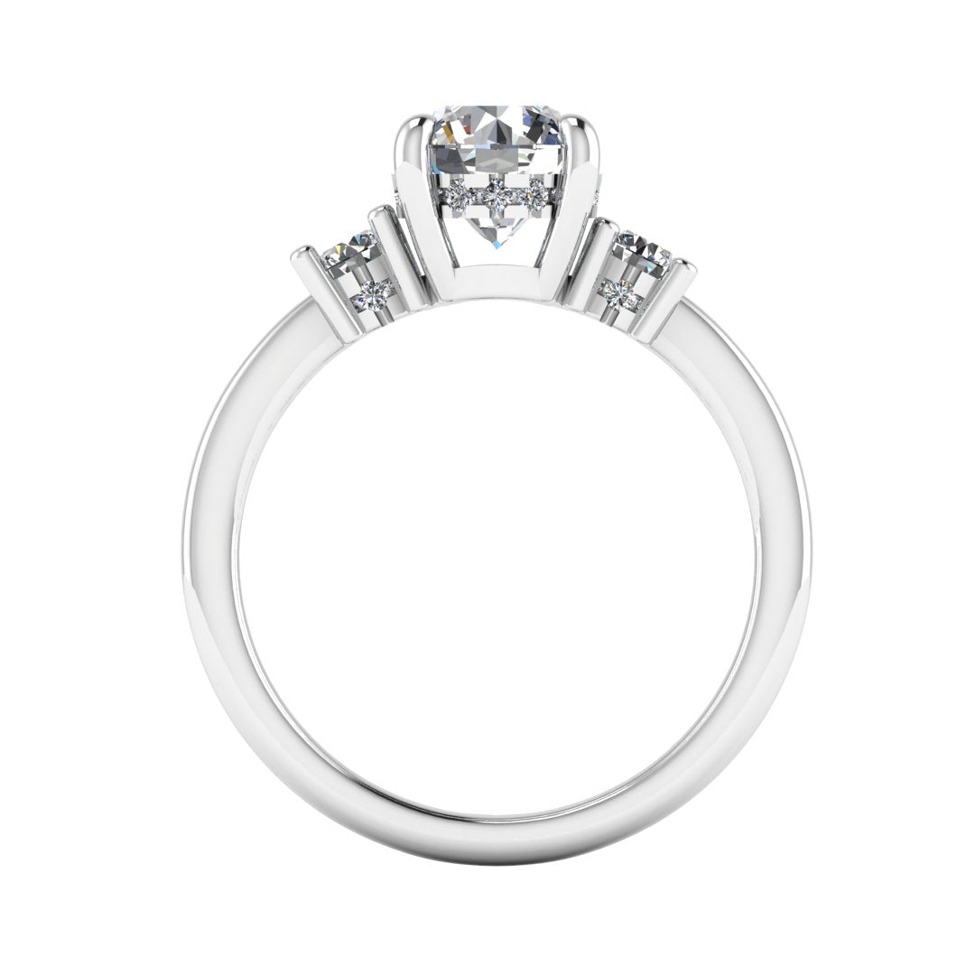 Flat view of white gold and platinum trilogy engagement ring with three round brilliant lab grown diamond