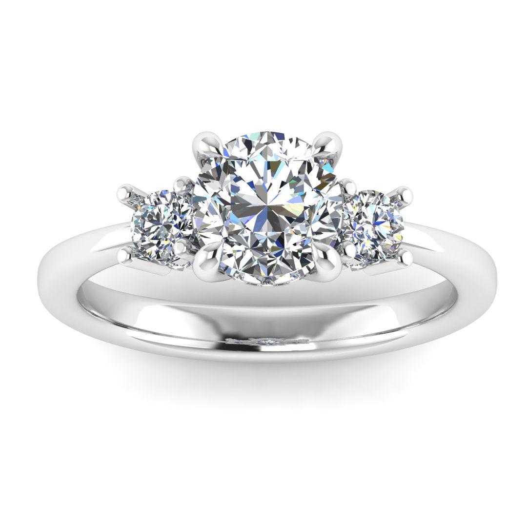 Front view of white gold and platinum trilogy engagement ring with three round brilliant lab grown diamond