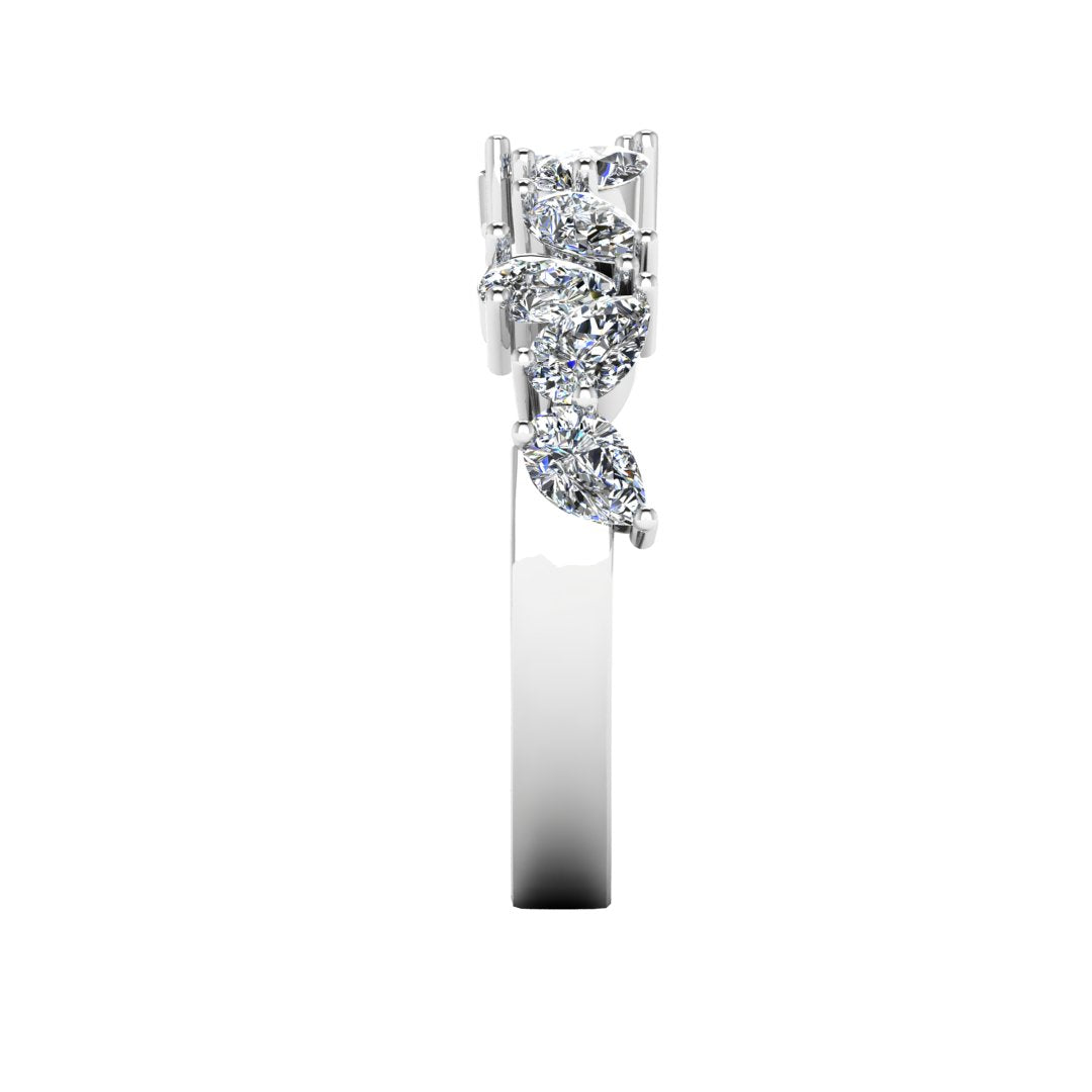  side view off a glamourous intricate platinum or white gold eternity ring which can also be worn as a wedding band featuring pear cut lab-grown diamonds arranged in a pattern