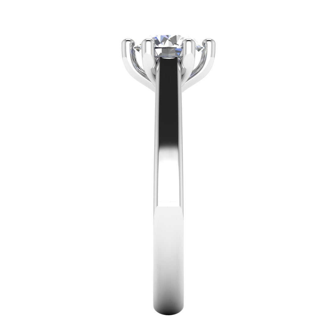 Side view of Chelsea lab grown round brilliant engagement 6 claw ring in cathedral setting in white gold and platinum
