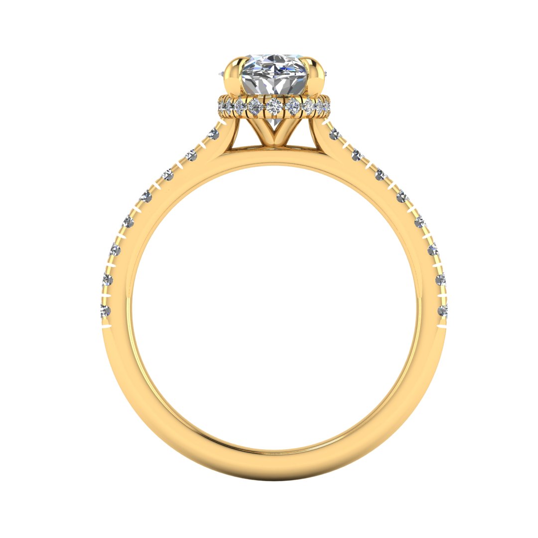 Flat view of yellow gold oval cut lab grown diamond engagement ring with secret hidden halo and diamond band