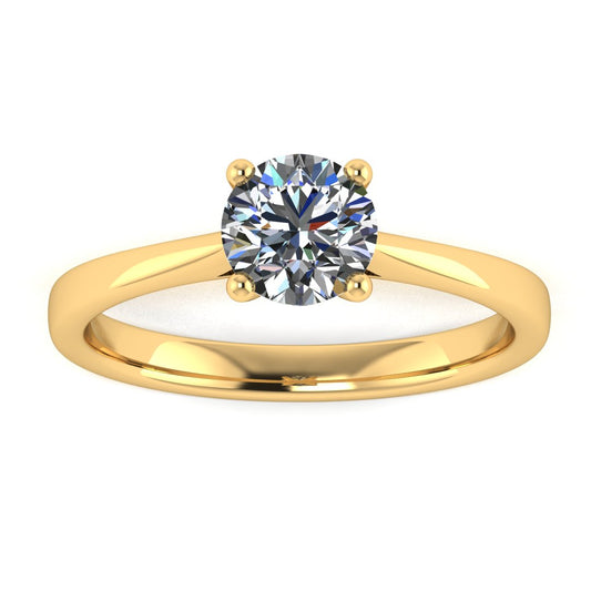 Front view of the Arya Engagement ring in yellow gold. A traditional single solitaire round brilliant lab grown diamond in a cathedral setting