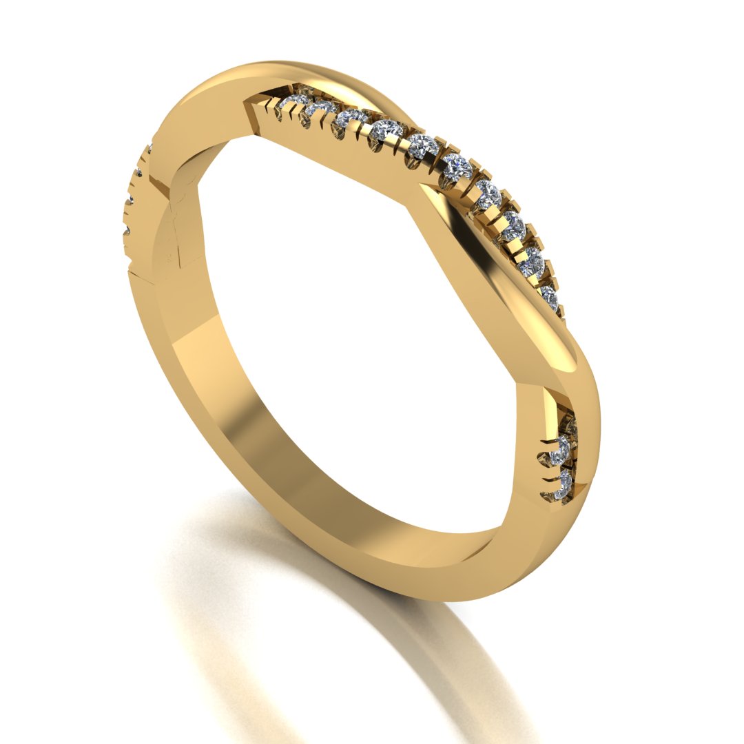 angled view of yellow gold double jointed twisted wedding band with set lab grown diamonds