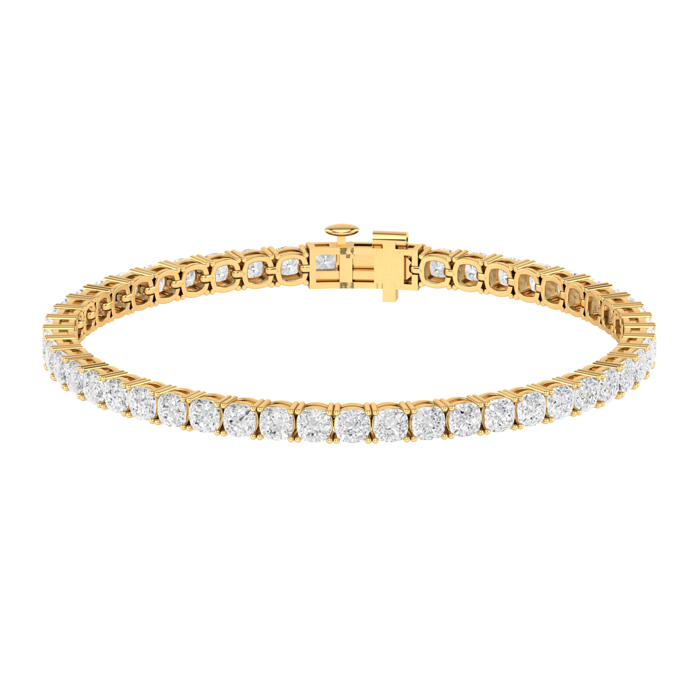 yellow gold tennis line bracelet with cushion cut shaped ethical & sustainable lab grown diamonds set using prongs