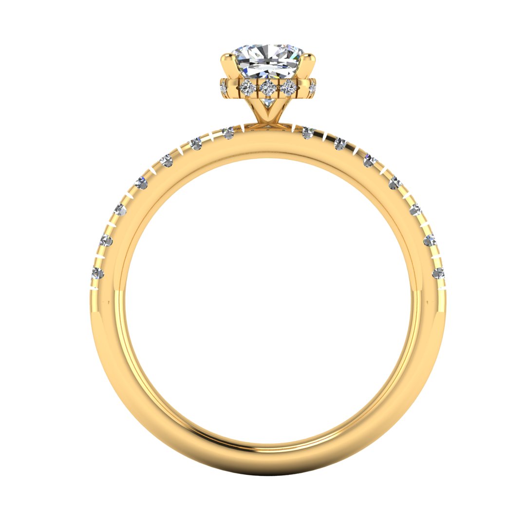 flat view of a yellow gold cushion cut lab grown diamond engagement ring with pavé shoulders and a hidden halo