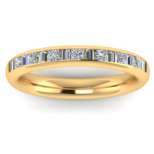 front view of a yellow gold wedding band with princess and baguette lab-grown diamond in a channel set design