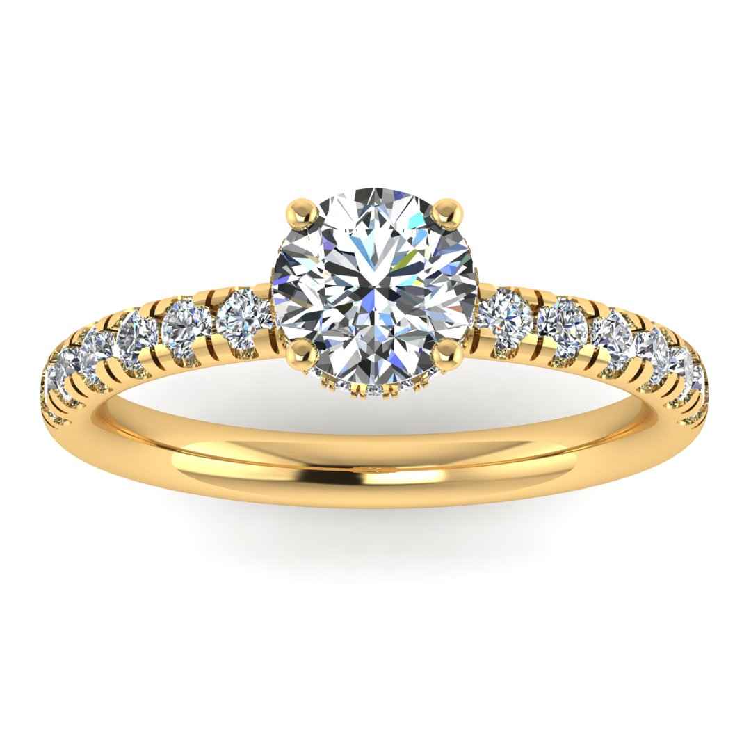 Front view in yellow gold of Emma lab grown engagement ring with round brilliant, side shoulders and under halo