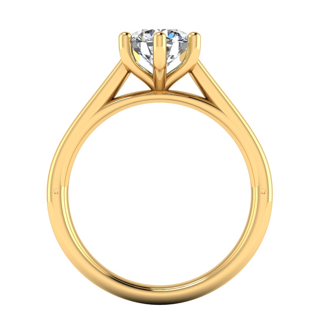 Flat view of Chelsea lab grown round brilliant engagement 6 claw ring in cathedral setting in yellow gold