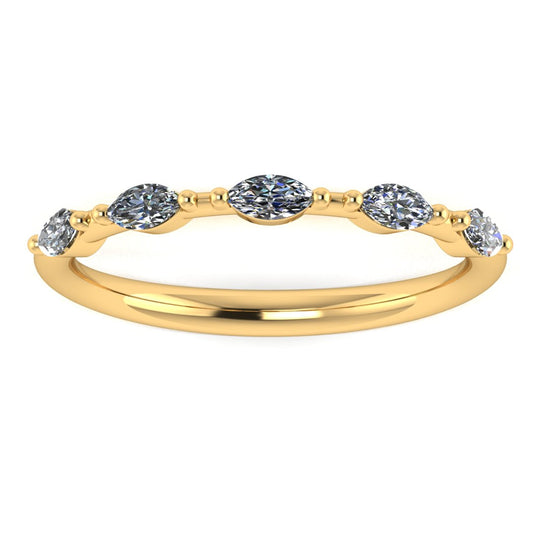 front view of a yellow gold station set wedding band with marquise lab grown diamonds