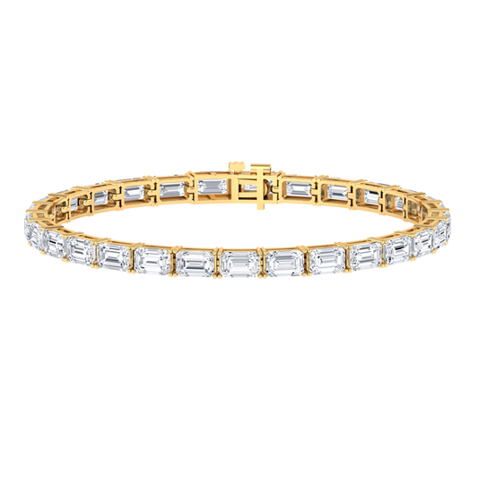 yellow gold tennis line bracelet with emerald cut ethical & sustainable lab grown diamonds set vertically using prongs