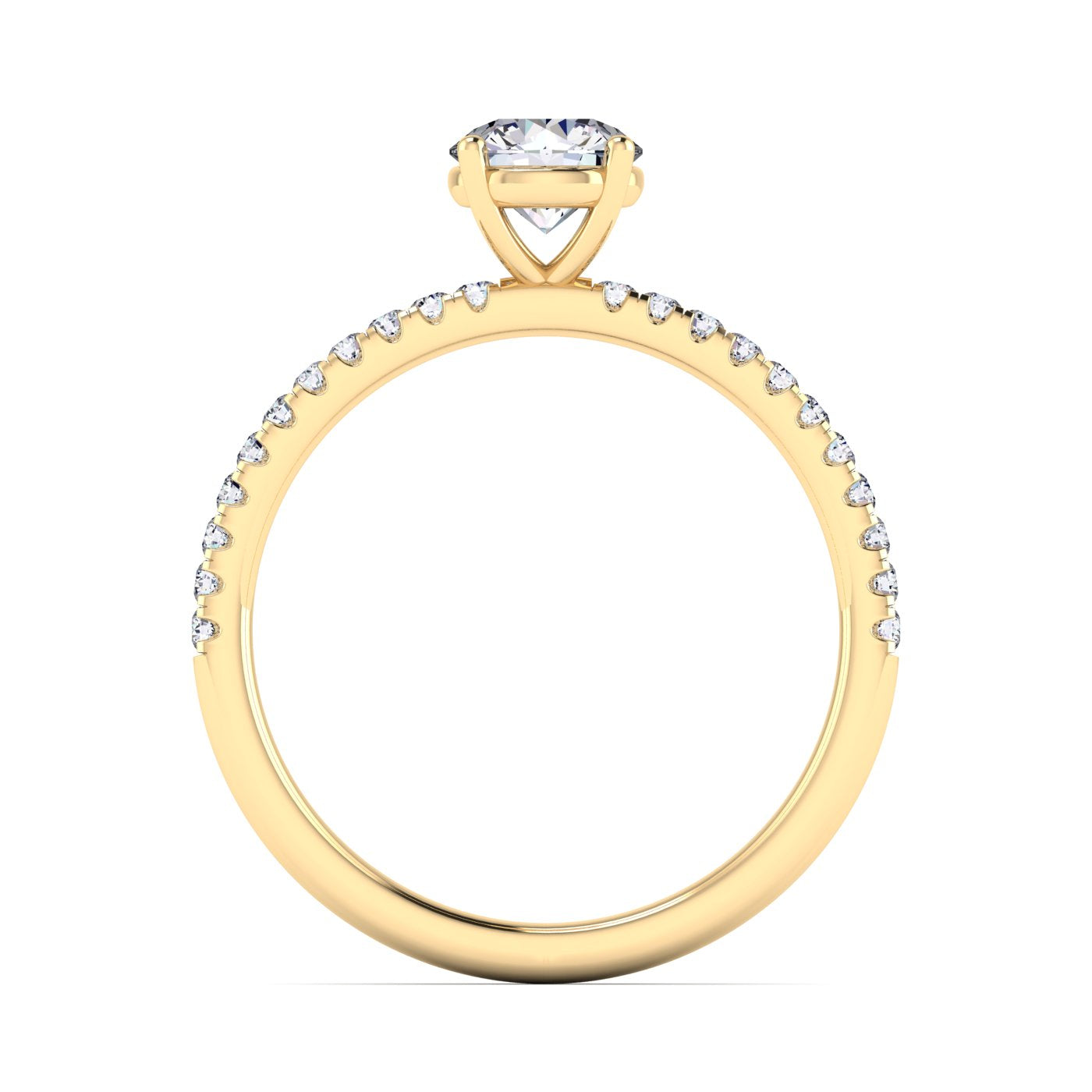 Flat view of Isabella engagement in yellow gold with a round brilliant diamond in a floating setting with pavé-set side shoulders