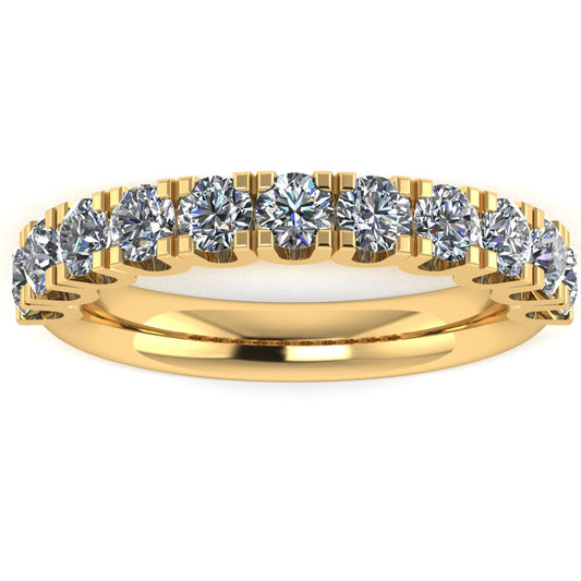 front view of a yellow gold wedding band or half eternity ring which is scallop set with round brilliant lab-grown diamond