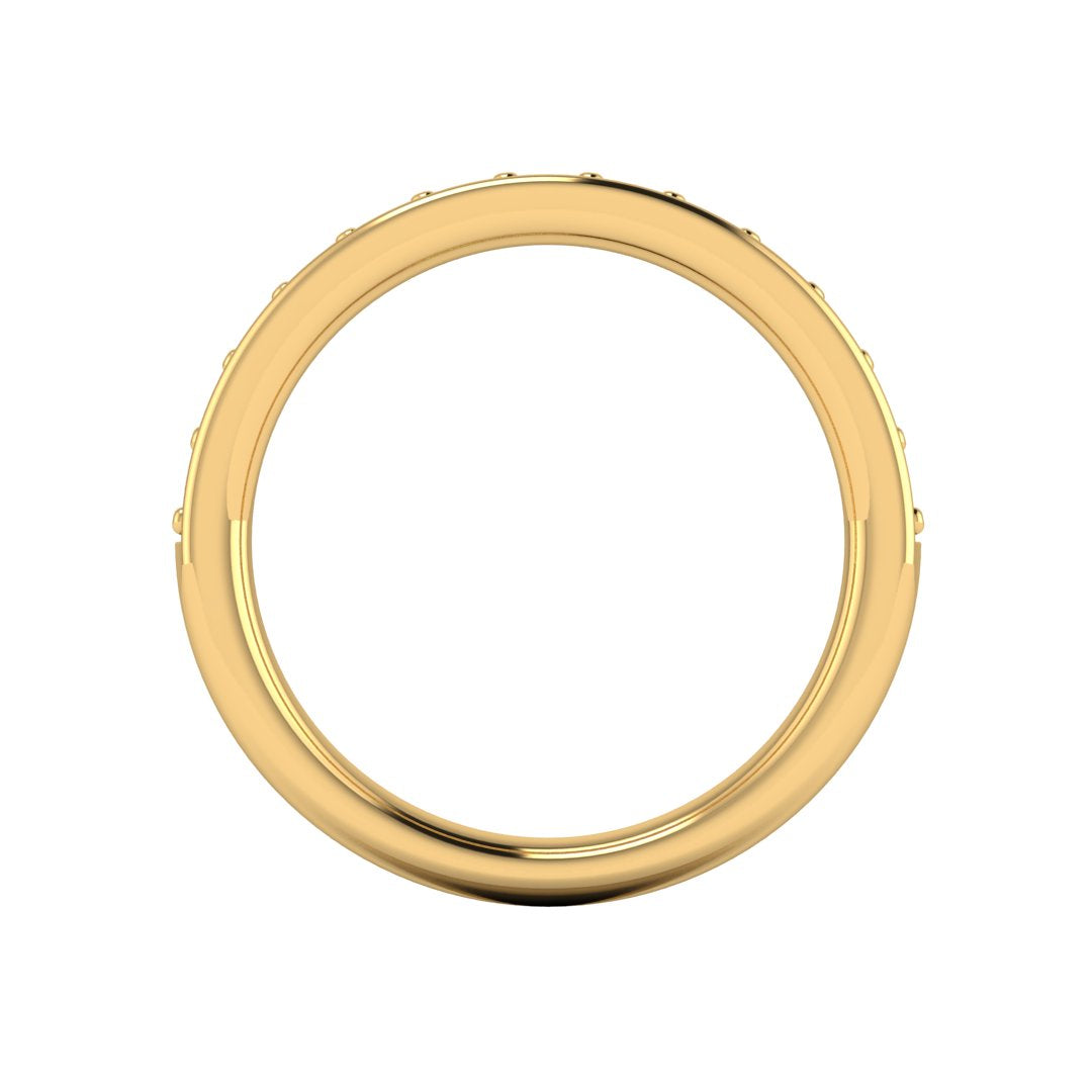 flat view of a yellow gold eternity ring or wedding band with round brilliant lab-grown diamonds set in a fine grain setting