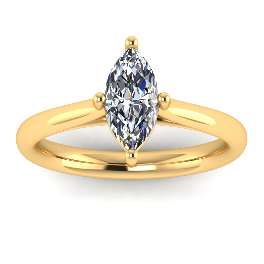 front view of yellow gold single solitaire engagement ring with a marquise cut lab grown ethical and sustainable diamond in a cathedral setting