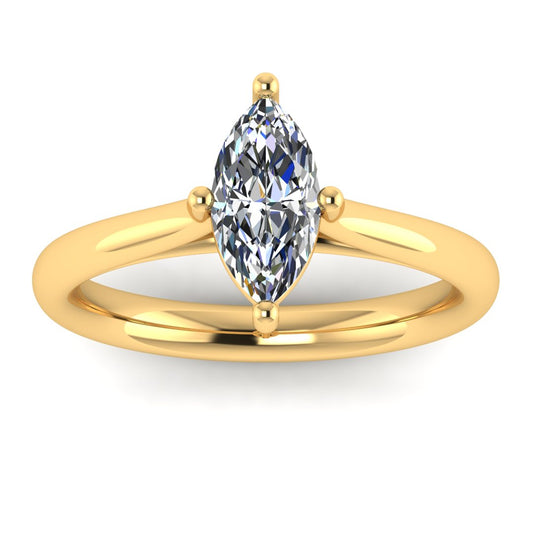 front view of yellow gold single solitaire engagement ring with a marquise cut lab grown ethical and sustainable diamond in a cathedral setting