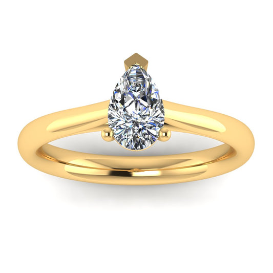 front view of yellow gold engagement ring with a pear cut lab grown diamond which is ethical and sustainable