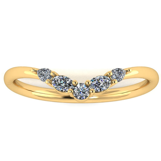 front view of a yellow gold eternity ring or wedding band shaped with pear, oval & round lab grown diamonds