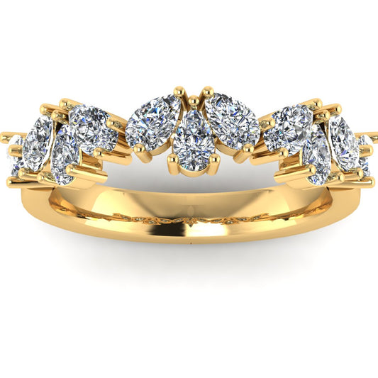 front view off a glamourous intricate yellow gold eternity ring which can also be worn as a wedding band featuring pear cut lab-grown diamonds arranged in a pattern