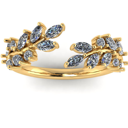 front view of yellow gold eternity ring or wedding band with an open design using marquise cut lab grown diamonds